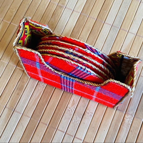 Vintage Handmade Plaid & Caning 5 pc + Holder Coasters Set - Picture 3 of 8